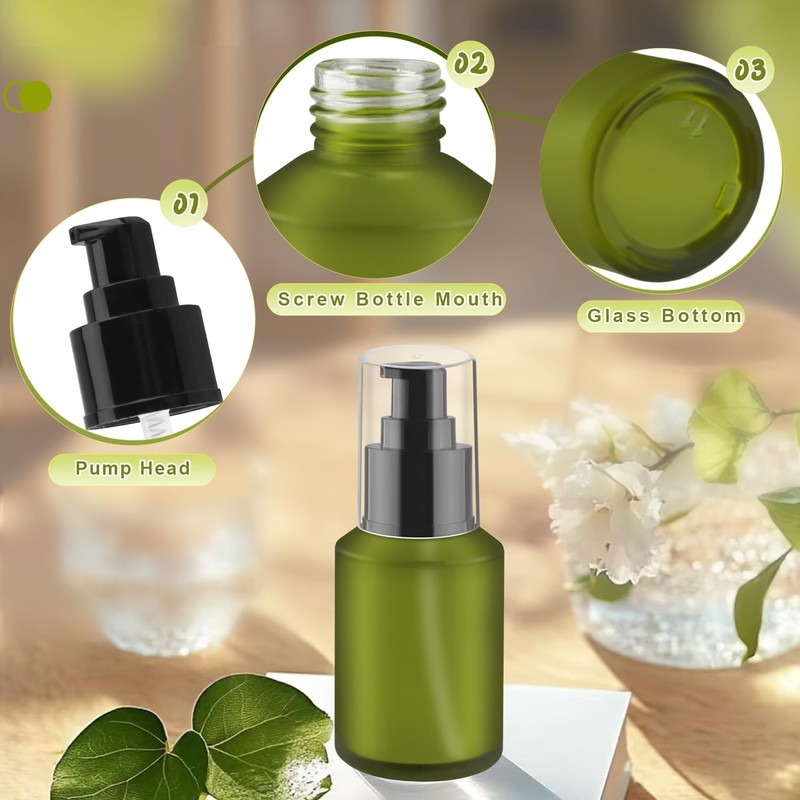 6 Pcs Frosted Green Glass Pump Bottle Empty Lotion Foundation