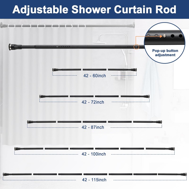 Shower Curtain Rod With Holders, 42 to 115 inch Tension