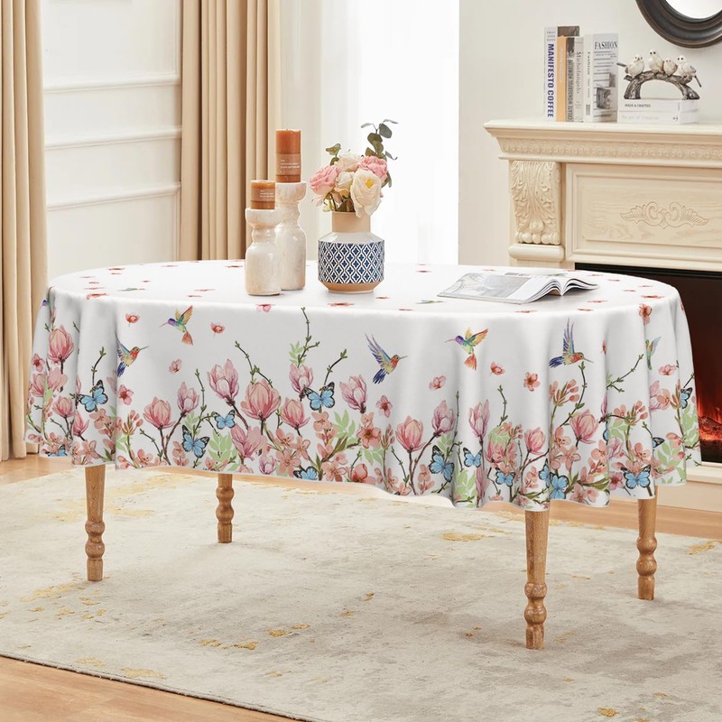 Horaldaily Spring Tablecloth 60×84 Inch Oval, Hummingbird Butterfly Flower Washable