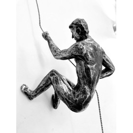 1x Antique Silver Climber Left-handed Handmade Climbing Man with Wire Rope Wall Mounted Art Sculpture