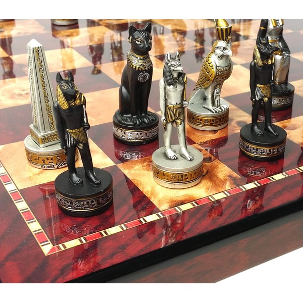 Egyptian Anubis Chess Men Set Black and Silver with Gold Accents & 18" High Gloss Cherry and Burlwood Color Board