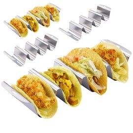 Large Taco Holder for 4 Tacos, U-shaped Stainless Steel Taco Stand, Metal Taco Shell Holder, Taco Rack Tray Holder with Handle (Set of 4)