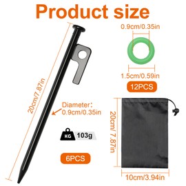 6 Pcs Ground Pegs 20 cm, Tent Pegs Metal Heavy Duty with Luminous Ring and Pouch, Tent Stakes Reusable Black for Outdoor Activities and Home Gardens
