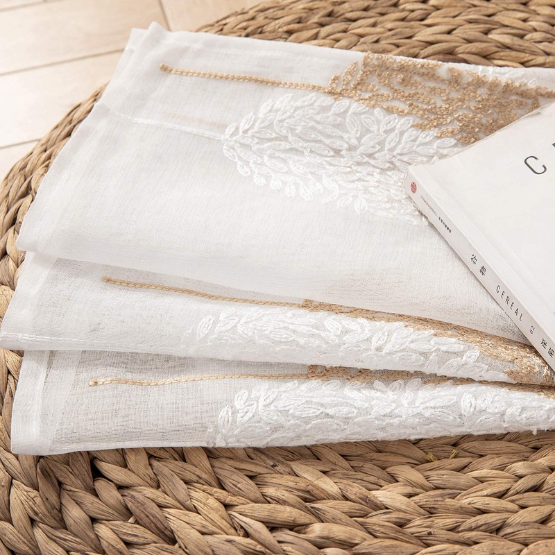 MIULEE 2 Panels Sheer Curtains Brown and White Embroidered Leaves
