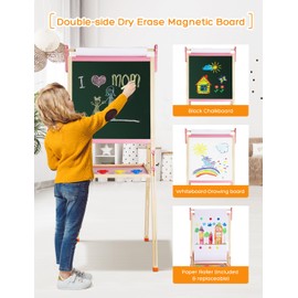 YOHOOLYO Kids Easel Wooden Children Art Easel Paper Roll,Double Sided Magnetic Whiteboard Chalkboard Dry Eraser Adjustable Height for Boys Girls Gifts