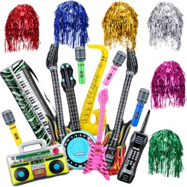 LaRandom Inflatable Instrument Party Props Toy Set 12 Pcs Inflatable Instruments and 6 Pcs Tinsel Wigs Blow up Guitar Saxophone Microphone Mobile Phone for 80s 90s Carnival Party