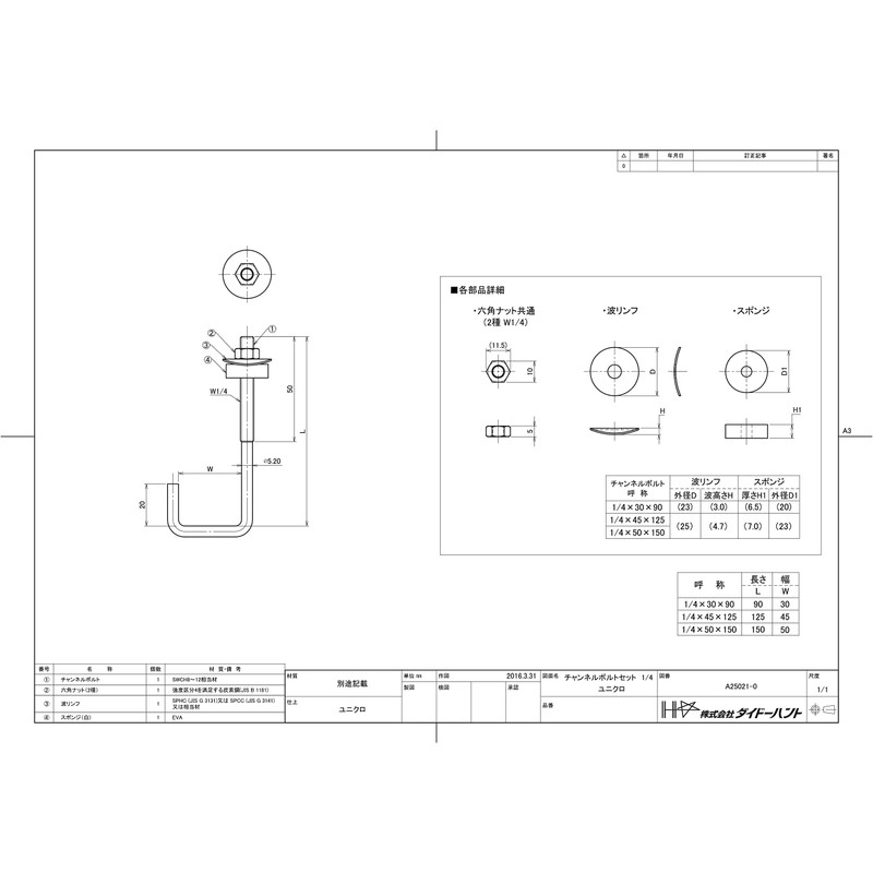 DAIDOHANT (Corrugated Sheet Hook) Channel Bolt Set (Iron/Uniqlo) (Nominal Diameter
