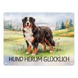 Bernese Mountain Dog in the Meadow Metal Sign in 15 x 20 cm with Saying Hund herum Glücklich Watercolour Design Shows Bernese Mountain Dog on Grassy Field