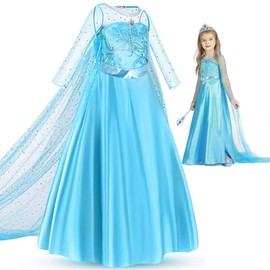 Princess Elsa Costume for Girls Queen Cosplay Clothes for Toddler Girls Blue Birthday Party Dress Up with Accessories Crown (Blue, 5T)