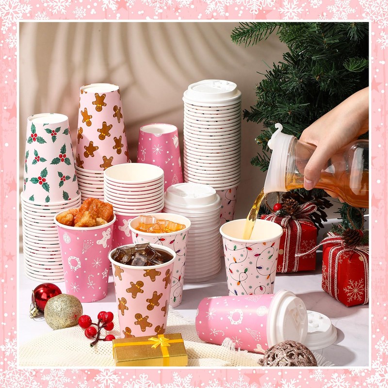 60 Pack Pink Christmas Disposable Coffee Cups with Lids 12