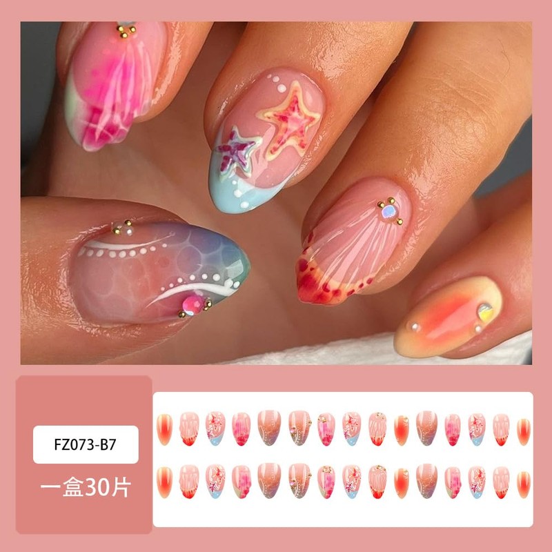 30Pcs Handmade 3D Press on Nails Short Almond French Tip