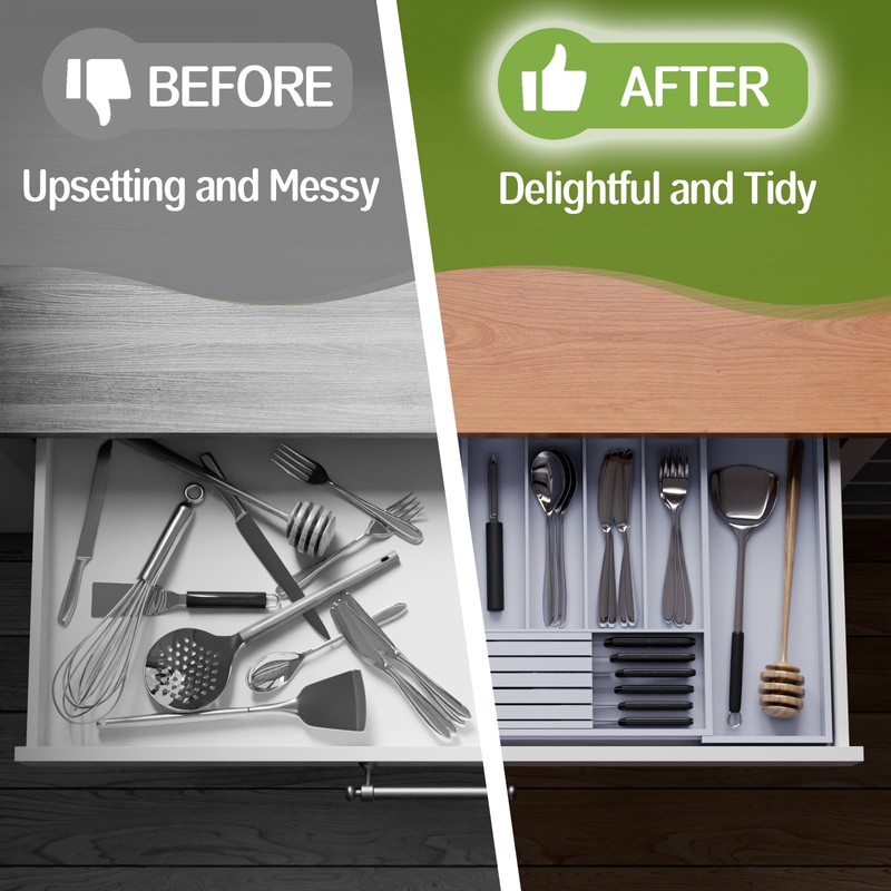 Bamboo Kitchen Silverware Drawer Organizer - Expandable Wood Utensil Holder