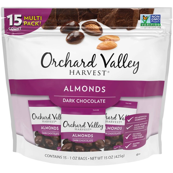 Orchard Valley Harvest Dark Chocolate Almonds, 1 Ounce Bags (Pack of 15), Gluten Free, Non-GMO, No Artificial Ingredients