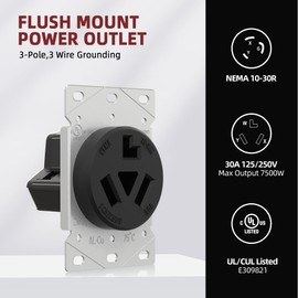 AIDA 10-30R Dryer Outlet 30-Amp 3-Pole, 3-Wire 125/250-Volts Non-grounding Heavy Duty Flush Mount Power Receptacle for Dryer, Space Heaters, UL Listed, Black