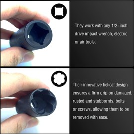 JEUCLEL 6PCS Twist Lug Nut Socket Set - 1/2 inch Drive Damaged Nut Lock Remover Extractor - Rusted & Stubborn Locking Nut Removal Tool Kit with 17mm 19mm 21mm 23mm 27mm Sockets & Center Punch Bar