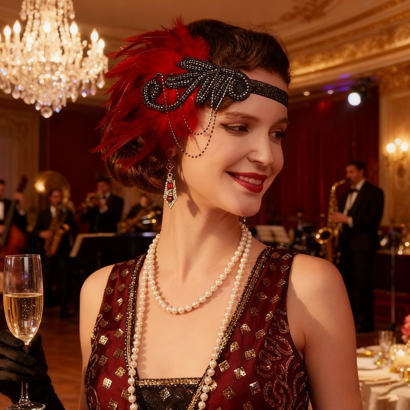 1920s Flapper Feather Headband with Rhinestones Beaded Great Gatsby Headpiece