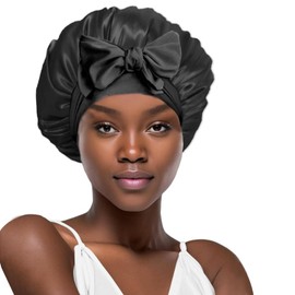 YENTEN Women's Satin Silk Sleeping Cap, Adjustable Satin Night Sleeping Hair Care Cap, Soft Elastic Band Silk Hair Cap for Women with Curly Braids(Pure Black)
