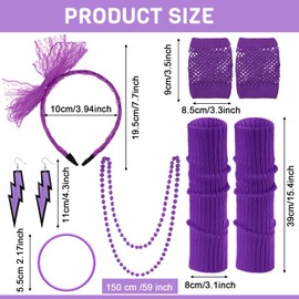 Handepo 19 Pcs 80s Costume Accessories Holographic Fanny Pack Leg Warmers Lace Headband Earrings Gloves Necklace Bracelet (Purple)