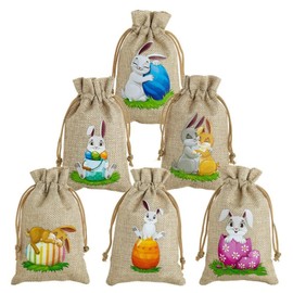 6pcs Easter Jute Bags with Drawstrings, Easter Sweet Bags Small Gift Bags, Easter Treat Bags Easter Bunny Bags Egg Hunt Bags Candy Bags Easter Party Favor Bags, Easter Advent Bags for Kids, 10 x 15 cm