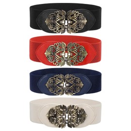 LEACOOLKEY - Paquete de 4 cinturones de cintura ancha clásico para mujer, cinturón elástico con hebilla entrelazada retro, I-black+red+navy blue+beige, Suit for waist size 27"-31"