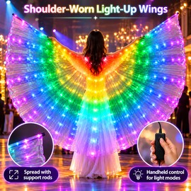 Rainbow LED Light-Up Butterfly Wings Costume, Illuminated Dance Wings for Halloween, Festivals, Parties and Stage Performances