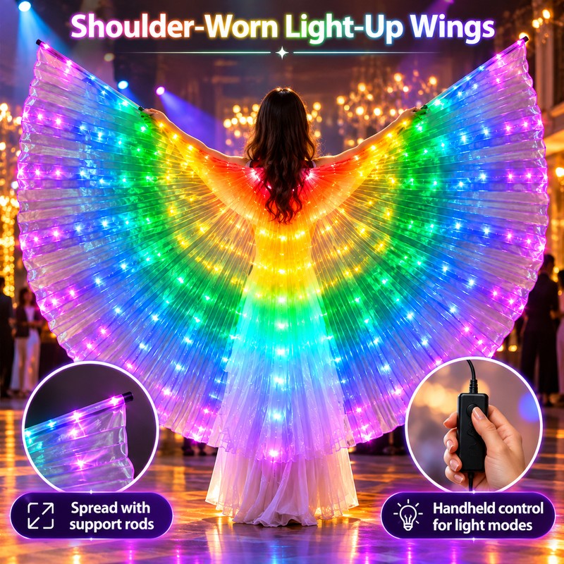 Rainbow LED Light-Up Butterfly Wings Costume, Illuminated Dance Wings for