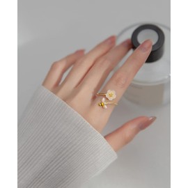 Cute Honey Bee CZ Daisy Flower Adjustable Statement Open Wrap Band Finger Rings Women Teen Girls Dainty Fashion 925 Sterling Silver 14K Gold Plated Shell Pearl Tail Ring Delicate Jewelry Gifts