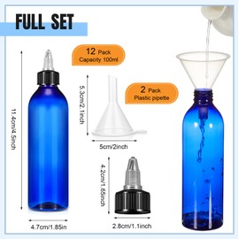 Barydat 12 Pcs Applicator Bottles for Hair, Squeeze Hair Oil Applicator Bottle Refillable Empty Plastic Bottles, Twist on Top Cap with Open Close Nozzle and 2 Funnels(8 oz,Blue)