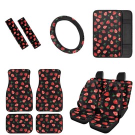 Animepark Red Strawberry Car Accessories Car Seat Cover Full Set, Car Mat 4 Piece and Car Steering Wheel Cover, Armrest Cover for Car and Seat Belt Cover
