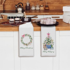 Elefeltclave Chinoiserie Christmas Mahjong Tree Kitchen Towels, Mahjong Gifts for Women Dish Tea Towels for Kitchen Decor, Mah jongg Xmas Wreath Decorative Hand Towel for Bathroom, 16x24 Inch Set of 2