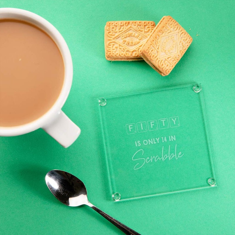 "Fifty Is Only 14 In Scrabble" Engraved Glass Coaster -