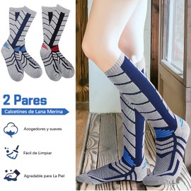 AEGTVA Calcetines Termicos Nieve Invierno - 2 Pares Calcetines de Esquí de Lana Merina,Calcetines de Lana Gruesos y Frío,Calcetas Invierno Largas para Hombres y Mujeres, azul real y negro