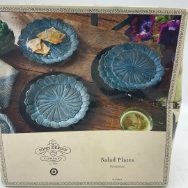 John Derian Blue Feather Scalloped Edge Stoneware Salad Plates 9" Set of 4