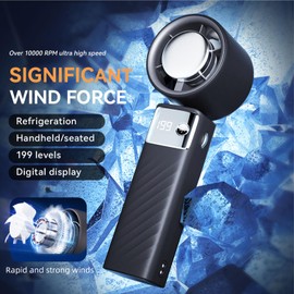 Handheld turbofan, battery driven, 199 speed, running time of 20 hours, air turbine technology cooling, including cooler, suitable for outdoor, travel, office, rechargeable personal fan (black)