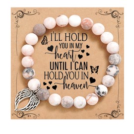 QWNHONEY In Memory of Bracelet Sorry for Your Loss Gifts Pink Beads Bracelet with Angle Wings Jewelry Gifts for Women I'll Hold You in My Heart Until I Hold You in Heaven