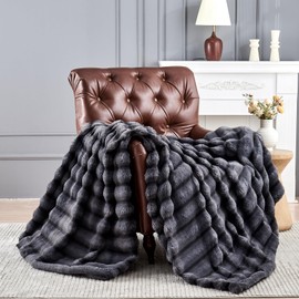 Gusuhome Faux Fur Queen Blanket for Couch - Luxurious Faux Rabbit Fur Bed Blanket Reversible - Cozy Warm Fluffy Fuzzy Plush Striped Blanket for Sofa Bedroom Living Room - 90x90 Inches Gray