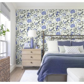 Guvana Peel and Stick Wallpaper Floral Wallpaper Blue Flower Contact Paper Vintage Self Adhesive Waterproof Wall Paper Floral and Leaf Wallpapers for Bedroom Bahtroom Decor 78.7"x 17.32"