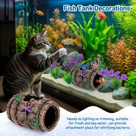 Binswloo Fish Tank Decorations, Betta Fish Tank Accessories Aquarium Ornaments, Broken Barrel Cave Decor, Starfish Barrel x 1, Fish Tank Plants x 4