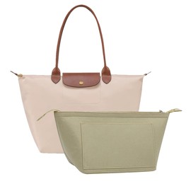 Chispee Purse Organizer Insert for Handbags, Felt Bag Organizer with Zipper Handbag Organizers for Longchamp Divider Pocket & Zipper Inner Bag Liner (Beige,L)