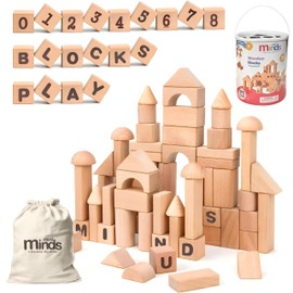MINI MINDS Wooden Blocks with Letters & Numbers -100 Building Blocks for Toddlers - Includes Storage Container with Shape Sorter Lid - Natural Beech Wood Blocks - Learning Toys Stacking Blocks