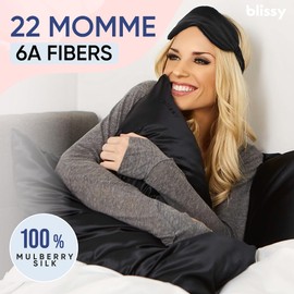 Blissy Silk Pillowcase - 100% Pure Mulberry Silk - 22 Momme 6A High-Grade Fibers - Silk Pillow Cover for Hair & Skin - Regular, Queen & King with Hidden Zipper (Standard, Black)