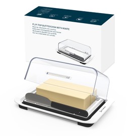 KITCHENDAO Airtight Flip-Top Butter Dish with Lid and Knife Spreader for Countertop and Refrigerator, Butter Keeper, Plastic Butter Holder Tray for 2 Sticks East Coast/ West Coast/ Kerrygold Butter