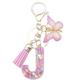 Xsclpomddy Girls Alphabet Letter Key Ring Cute Key Ring Glitter with Butterfly Tassels Resin Pink Keychain for Bag Charm, J