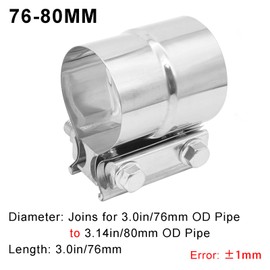 Krtopo 3.0 Inch Exhaust Clamp - 304 Stainless Steel Butt Lap Joint Band Clamp Sleeve Coupler 3"-3.14” 76MM-80MM Universal Widened for Muffler Pipe Catalytic Converters Turbo Tail Pipe Reducer Exhaust