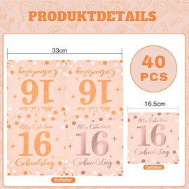 Girls' 16th Birthday Napkins, Table Decoration for 16th Birthday Girls, Rose Gold Happy 16th Birthday Napkins, Perfect for a Girl's Anniversary Party