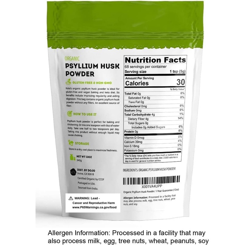 Kate Naturals Psyllium Husk Powder for Fiber, Digestion & Baking