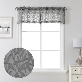 Lecloud Leia Charcoal Grey Curtains Sheer Valances for Windows 14 Inch Length 2 Pieces, Airy Jacquard Leaf Voile Curtain for Living Room Bedroom, Dual Rod Pockets Window Kitchen Valance, 38W x 14L