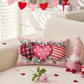 LOMCHEN Valentines Day Pillow Covers 12x20 inch Buffalo Plaid Love Hearts Eucalyptus Valentines Day Pink Throw Pillows Valentines Day Decorations for Sofa Couch