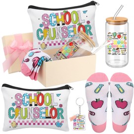 5 Pcs School Counselor Week Gifts for Women Counselor Appreciation Gift Glass Cup Sock Cosmetic Bag Badge Holder Thank You School Counselors Gift Box for Schools Counseling Week Teacher