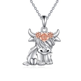 VONALA Highland Cow Necklace 925 Sterling Silver Scotland Cow Pendant Necklace Jewellery Birthday Gifts for Her Women Mum Animal Cow Lover